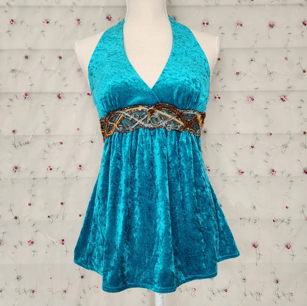 Vintage Teal Velvet Halter Top